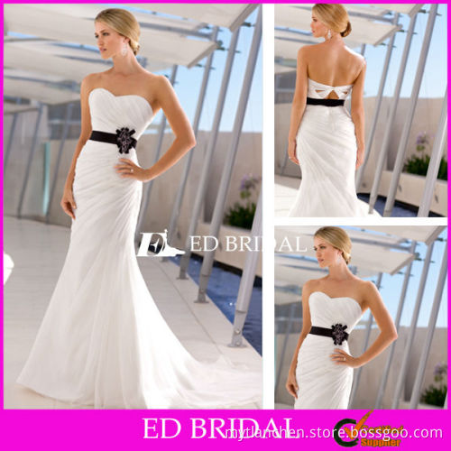White Trumpet Mermaid Ruched Organza Keyhole Back Wedding Dress with Black Sash